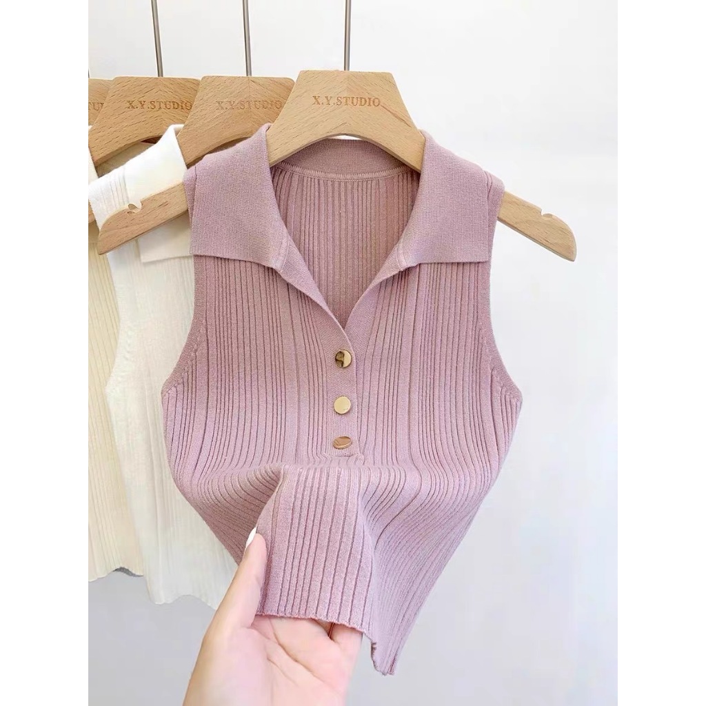 (พร้อมส่ง/ใหม่#M1948)เสื้อแขนกุดคอปกผู้หญิง เสื้อวัยรุ่นผู้หญิงเซ็กซี่น่ารักแต่งกระดุม สไตล์เกาหลี