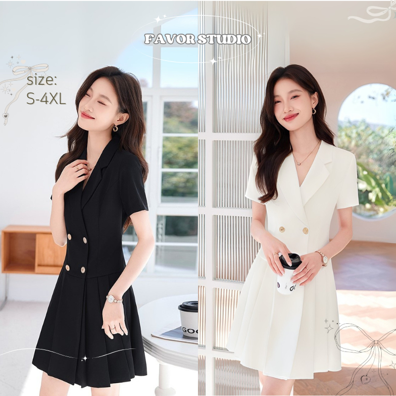 【EVIOVIO】 ใหม่ S-4XL เดรสสูทสั้นลุคหรูหรา สไตล์วินเทจ สีดำคลาสสิก เดรสออกงาน สำหรับสาวอวบพลัสไซซ์