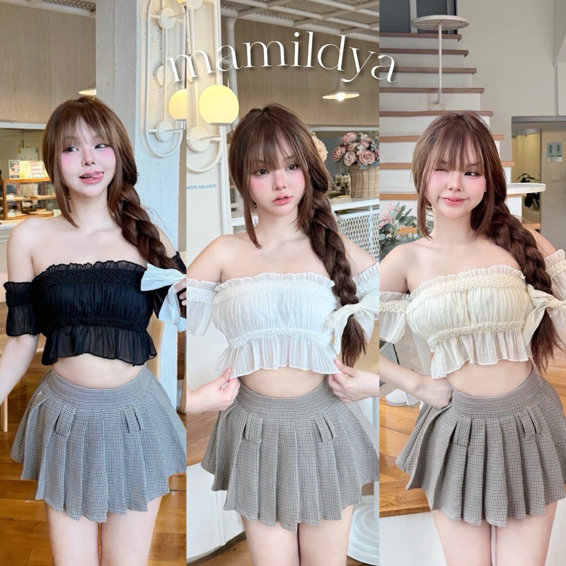 🌟Mamildya.shop🌟 เสื้อปาดไหล่ ผ้าอัดพลีท จะใส่เที่ยวทะเลก็น่าร้ากกก/K3-2 /NUSA-ลอนปาด