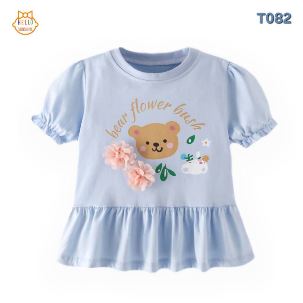 🐻พร้อมส่งจากไทย🩵 เสื้อยืดเด็ก ผ้าคอตตอน100%   เสื้อยืดสีฟ้า ชายระบายแขนตุ๊กตา ลายหน้าหมี ติดดอกไม้