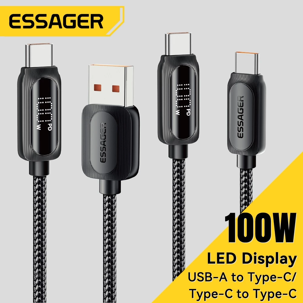 Essager สายเคเบิล USB Type C ถึง Type C 60W 100W 5A พร้อมจอแสดงผล LED ชาร์จเร็ว ถ่ายโอนข้อมูล 480Mbps สายเคเบิล C ถึง C