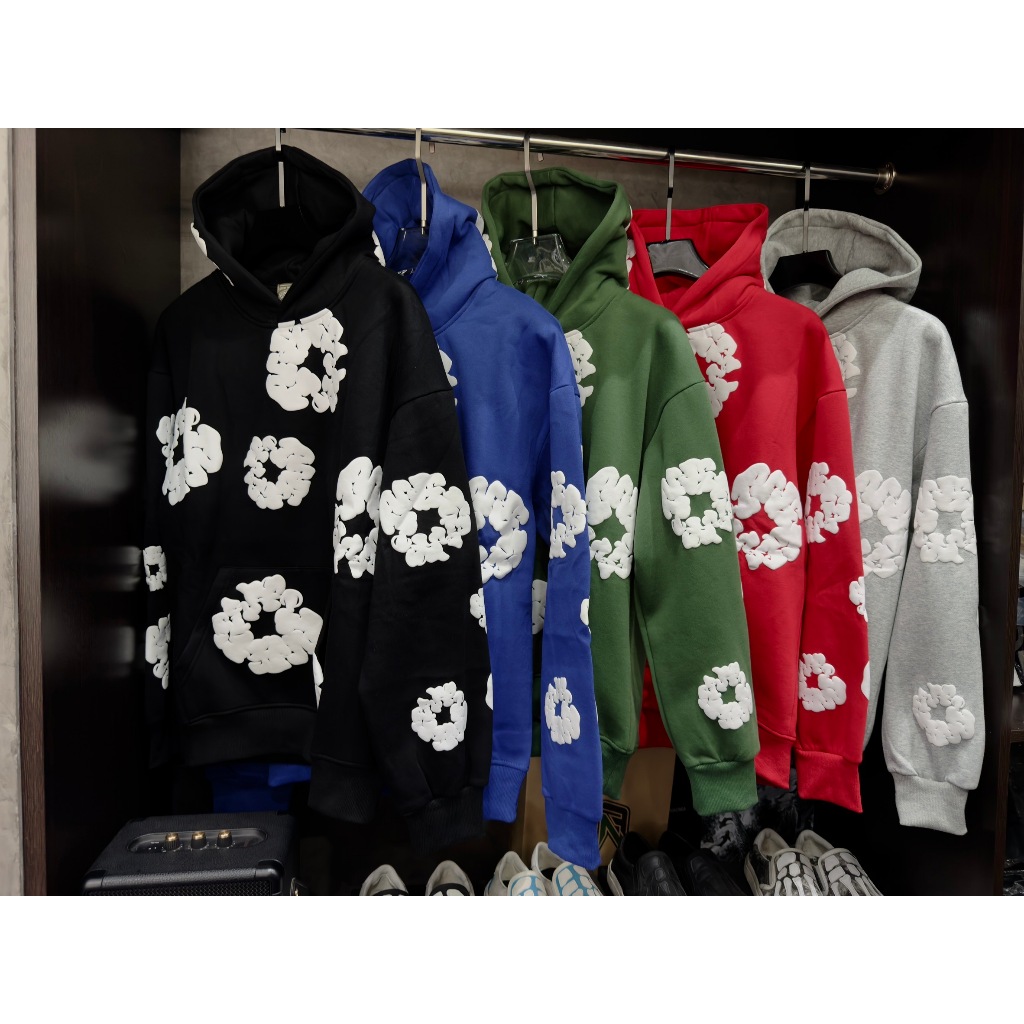 68135 เสื้อฮู้ดดี้ เสื้อฮู้ดลายดอกขาว (ไม่มีปักที่อก) ไม่มีเชือกที่ฮู้ด