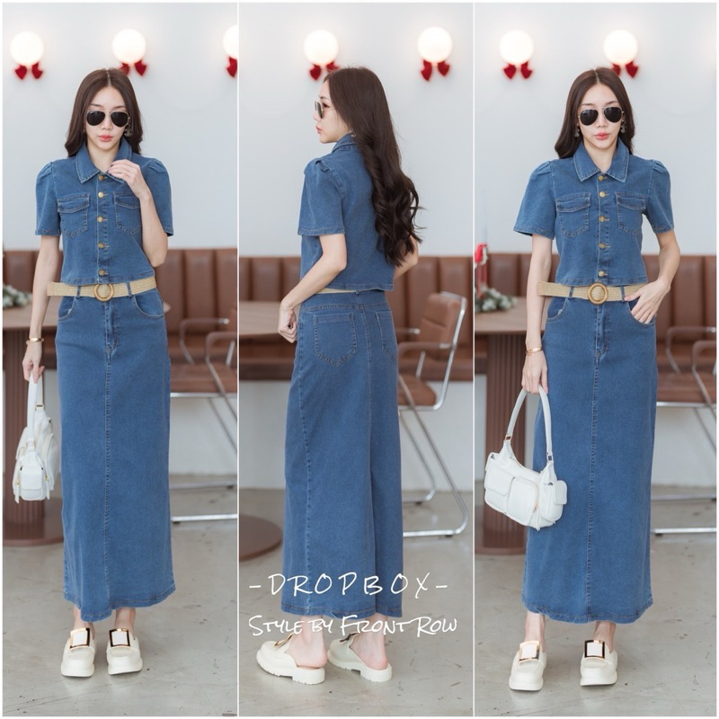 FK : เซ็ต 3 ชิ้น เสื้อแขนสั้น คอปก พร้อม เข็มขัด กับ กระโปรง ยาว ผ่าหลัง ยีนส์ แมทกับ รองเท้าผ้าใบ ต