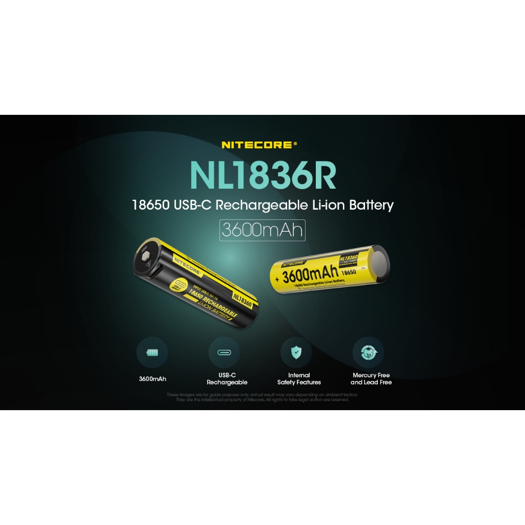 แบตเตอรี่ไฟฉาย Li-ion NITECORE NL1836R 18650 3600 mAh  มีวงจรควบคุม USB Type C ความจุ 3600 mAh   3.6