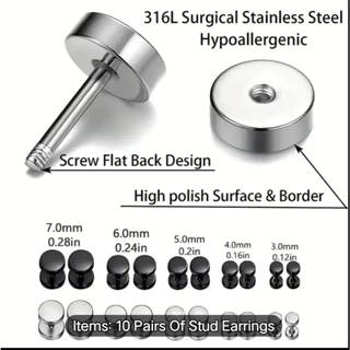 2pcs/316Lสแตนเลส-ต่างหู ตุ้มหู จิว ต่างหูผู้ชาย Black Gothic Barbell Earring Fashion Round Plain Men Stud Earring Jewe