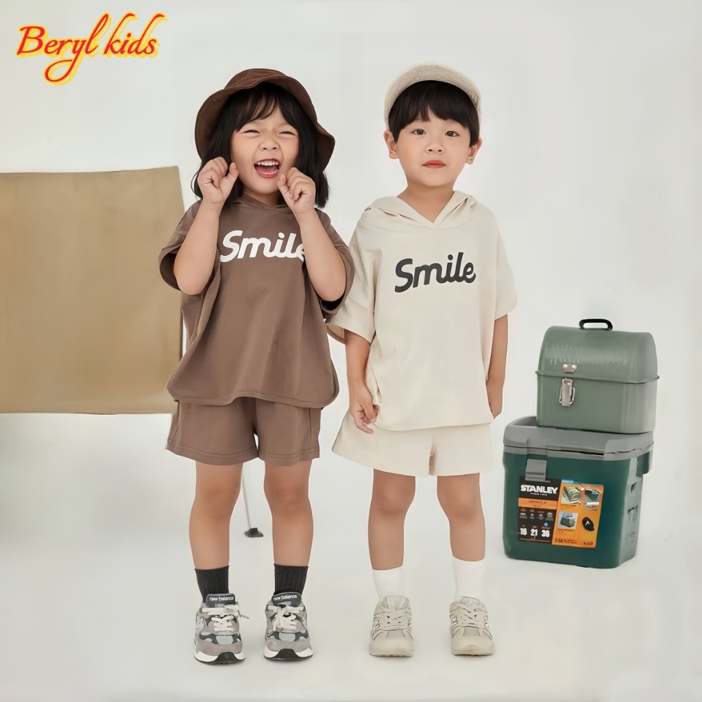 Beryl kids🌸ชุดเซ็ทเด็กพิมพ์ตัวอักษรก🎀ชุดแขนสั้นฤดูร้อน ลำลองสองชิ้น เสื้อมีฮู้ด บางๆใส่สบาย สไตล์เกาหลี