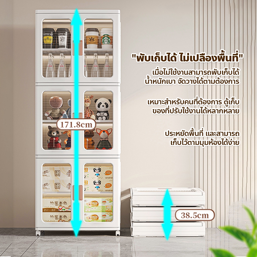 ERORO ตู้เก็บของพับได้ มีล้อเลื่อน กันฝุ่น แข็งแรงทนทาน ตู้โชว์พลาสติกใส ใส่ของได้หลากหลาย - รูปที่ 4