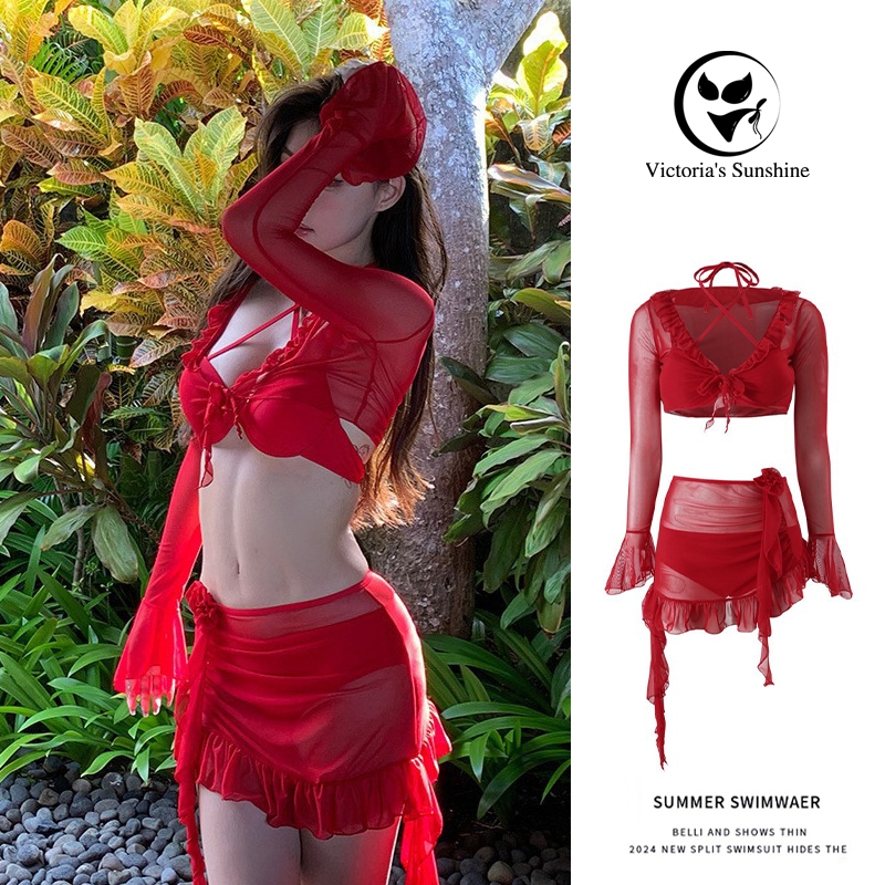 ชุดบิกินี่ ชุดว่ายน้ำแขนยาวเซ็กซี่ 4 ชิ้น red set คลุม มีฟองน้ำ beach#0717