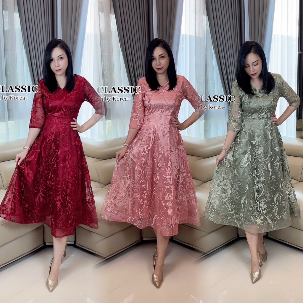 M-4XL ชุดเดรสลูกไม้ใส่ออกงานสวยหรู สีแดง เขียว ชมพู #ชุดราตรี #ชุดงานเลี้ยง ชุดไปงานบวชงานแต่ง (2473)