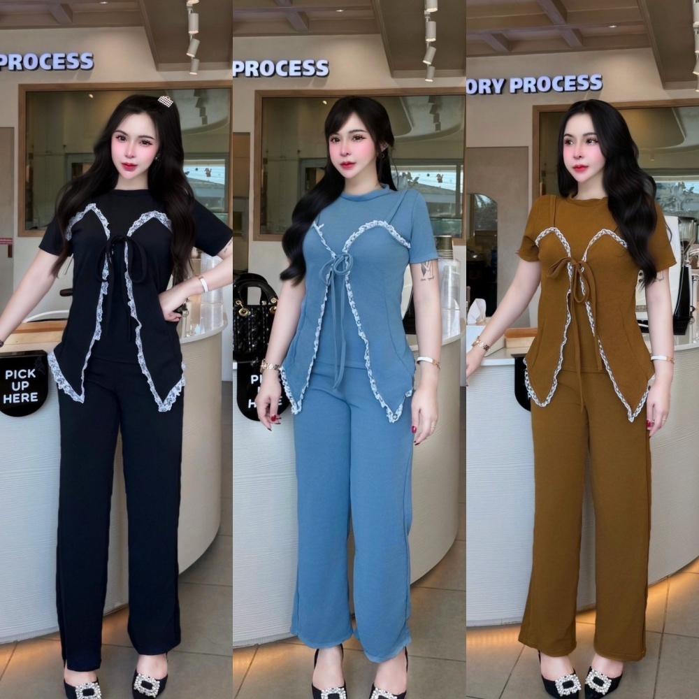 สินค้าพร้อมส่ง ชุดเซตยาวผ้าวูลเวฟ เสื้อแขนสั้นแต่งสายเดี่ยวระบายลูกไม้ผูกโบว์หน้า+กางเกงเอวเรียบมีกระเป๋า A4918