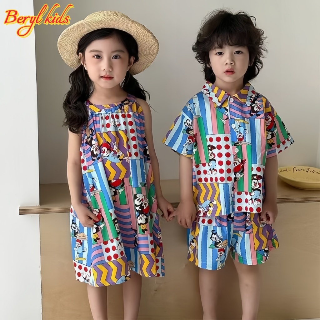 Beryl kids ชุดพี่ชายและน้องสาว ชุดสูทสไตล์วันหยุดฤดูร้อนสำหรับเด็ก เสื้อเชิ้ตสไตล์เกาหลีกางเกงขาสั้น ชุดเดรสเด็กผู้หญิง