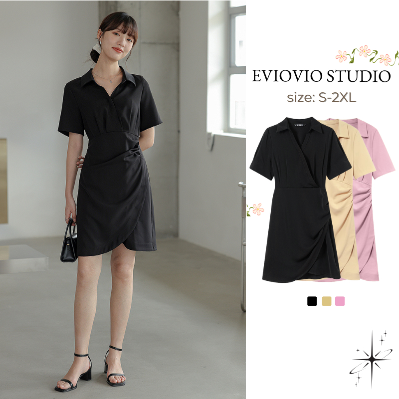 【EVIOVIO】เดรสสั้น คอวี คอปก เหมาะกับการใส่ไปทำงาน มีจับจีบ ช่วยพรางหุ่น เหมาะสำหรับสาวอวบ พลัสไซซ์