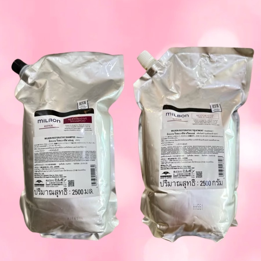 MILBON RESTORATIVE REPAIR 2500 ML.แชมพู ทรีทเม้น มีส่วนผสมของ Keratin Activator และ CMADKจึงซ่อมแซมผมเสียได้อย่างล้ำลึก