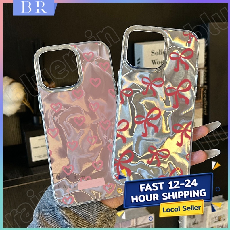 เต็มหน้าจอโบว์แฟชั่นเข้ากันได้เคสไอโฟน 16 11 13 15 12 14 Pro Max XR 16 8 7 Plus X XSMax 14PLUS หวานรักหัวใจเงาลูกฟูกเคส