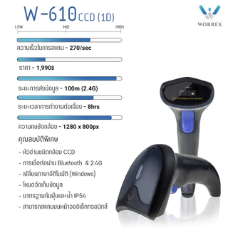 WORREX เครื่องอ่านบาร์โค้ด CCD ไร้สาย 1D รุ่น W-610 Bluetooth+2.4G ประกันศูนย์ เปลี่ยนภาษาอัตโนมัติ
