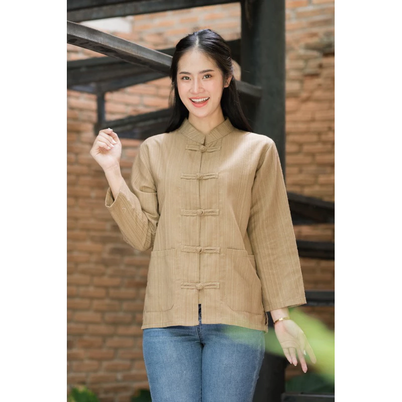 เสื้อผ้าฝ้ายพื้นเมือง แบบคอจีนผ่าหน้าแขนยาว สีสันสดใส มีปลายทาง