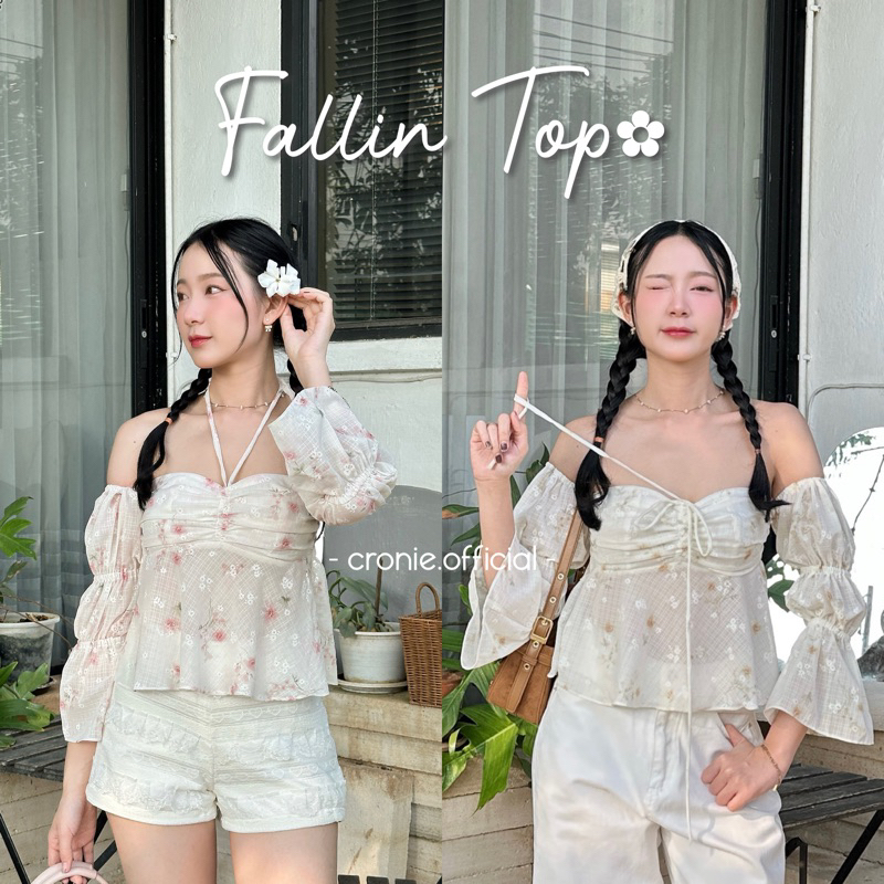 Cronie - Fallin top เสื้อปาดไหล่ แขนยาว ลายดอกได้ ใส่ได้ 2 แบบ (คล้องคอ/เกาะอกผูกโบว์)