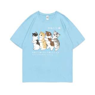 NEW เสื้อยืดคอกลมแขนสั้น วินเทจ ลายแมวน่ารัก ผ้านิ่มใส่สบาย ES400