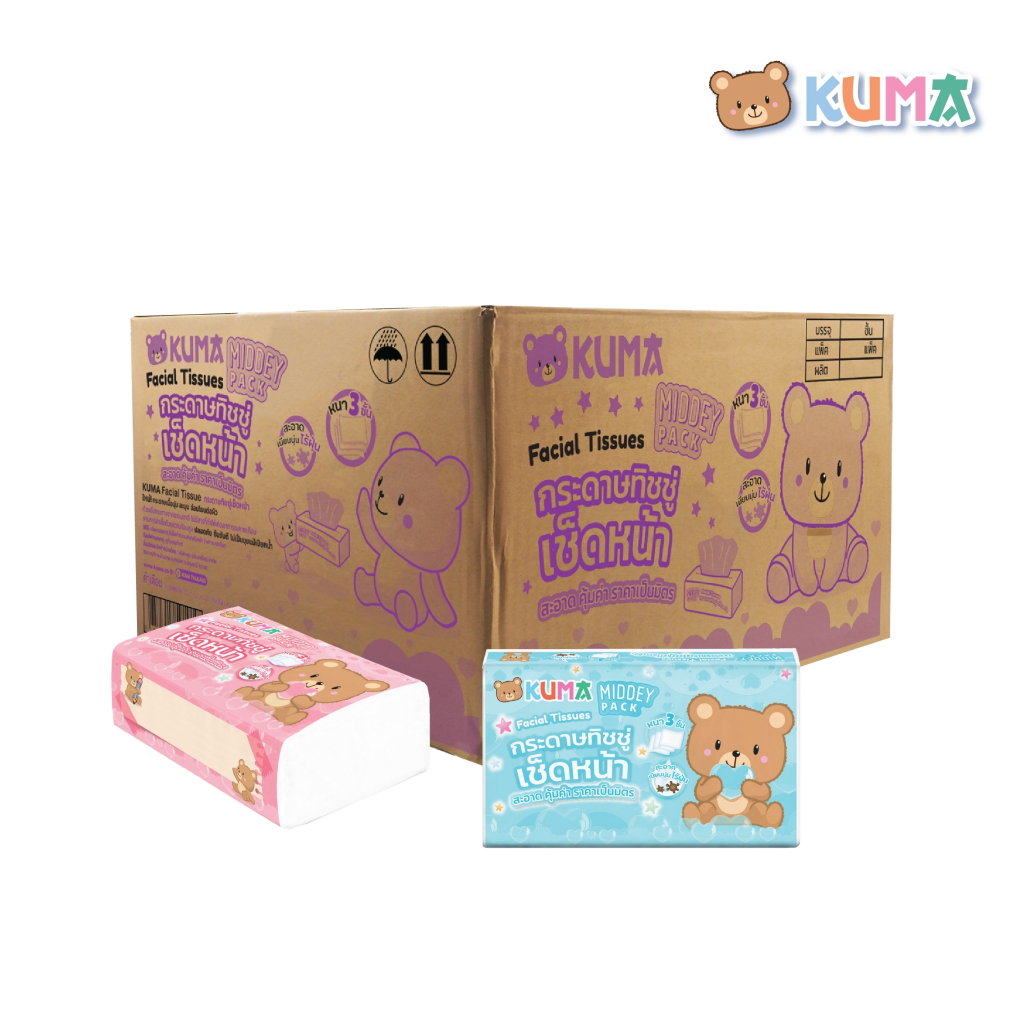 KUMAเช็ดหน้า รุ่น MIDDEY PACK : 1 ลัง (บรรจุ 10 แพ็ค 100 ห่อ)