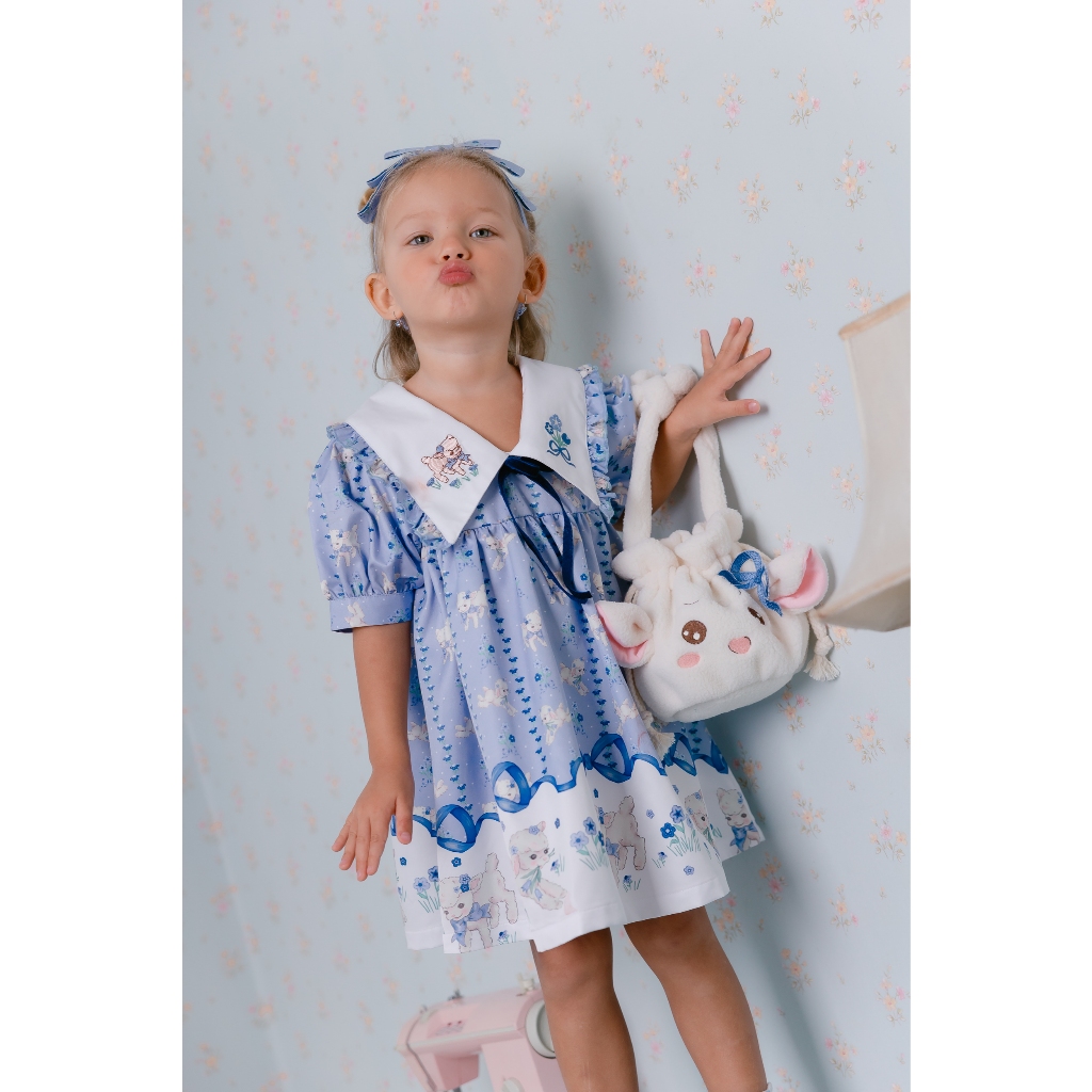 LittleNNN เดรสเจ้าหญิงแกะน้อย สีฟ้าพาสเทล ผ้านุ่มใส่สบาย ปักปกลายแกะ งานละเอียดสวยมาก วัย 6เดือน -6 ุขวบ