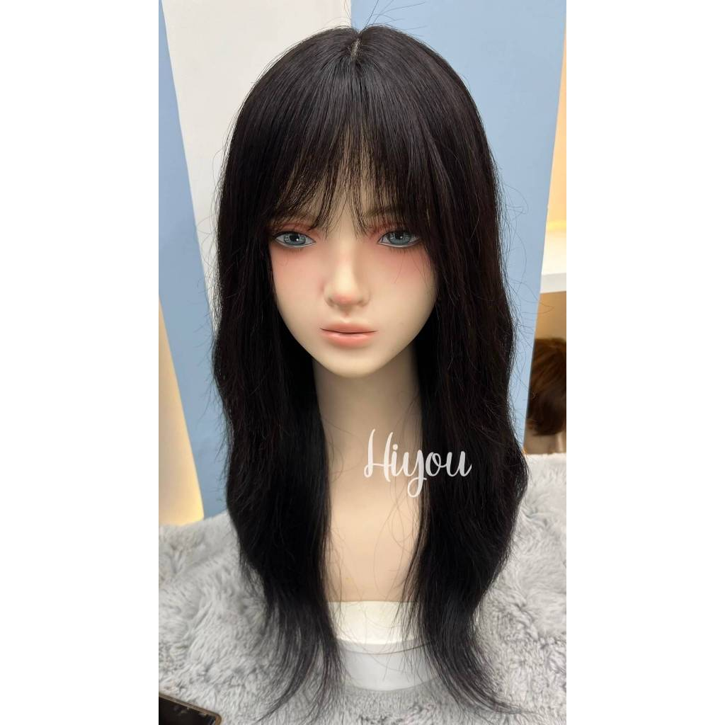 วิกผมแท้ สีดำธรรมชาติ ลอนคลาย หน้าม้าบาง ยาว 18-20 นิ้ว