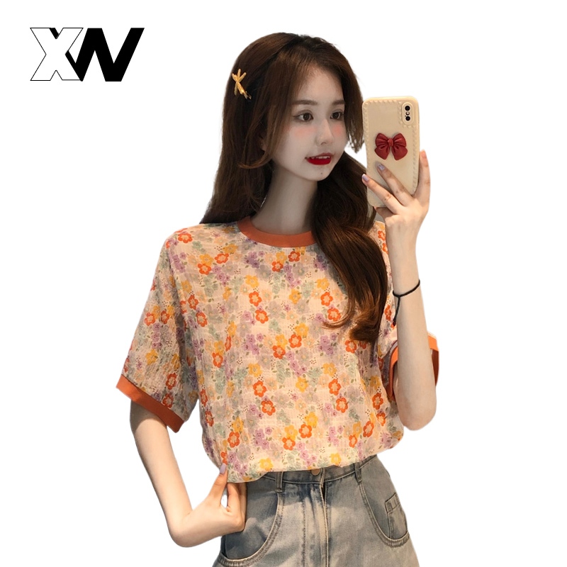 XWbrand  งานเข้าใหม่ เสื้อยืดแฟชั่นผู้หญิง ตกแต่งลวดลายดอกไม้สุดน่ารัก รีบมาซื้อกันน้า เนื้อผ้านิ่ม 