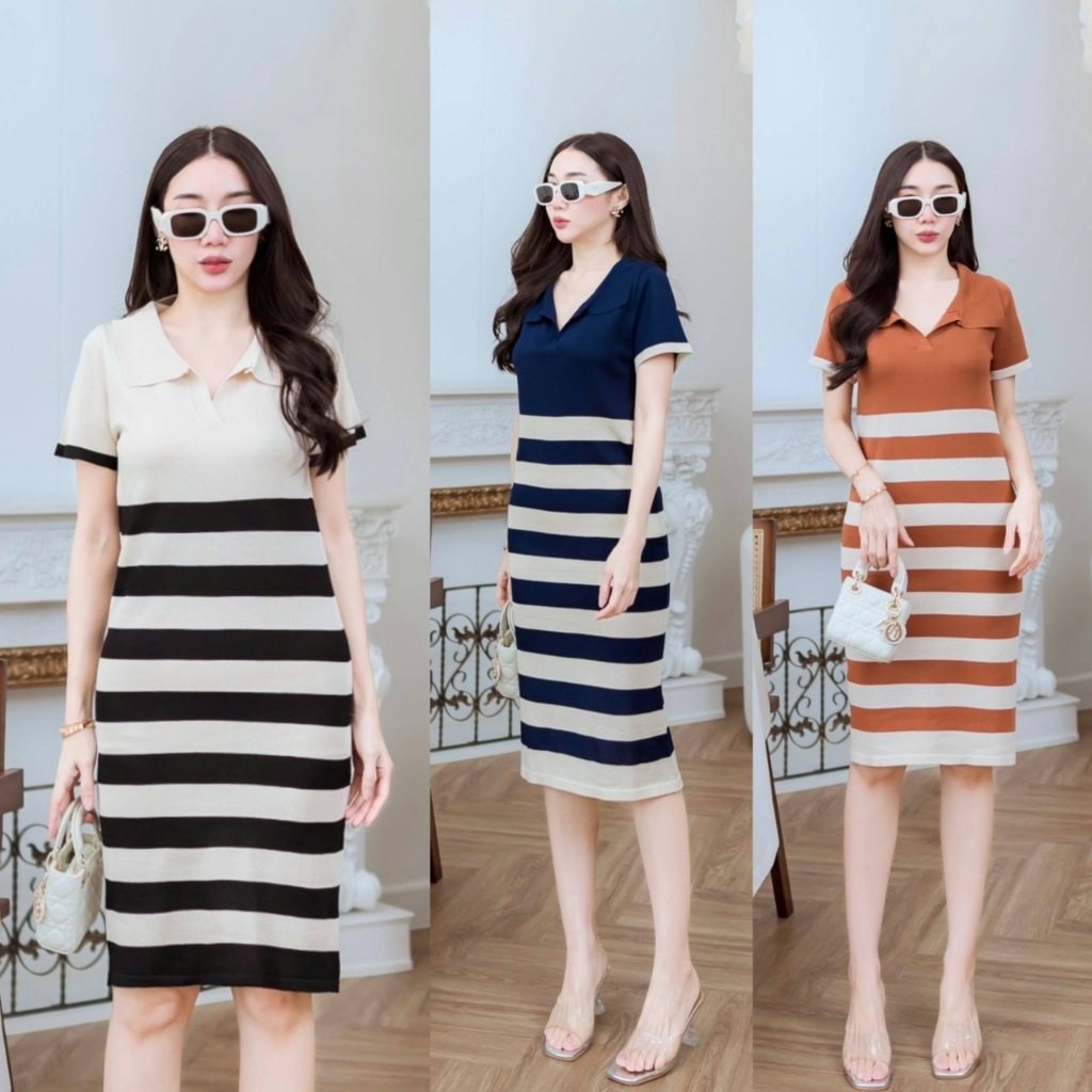 J1441 JiraClothing  เดรสไหมพรมแขนสั้นคอปก