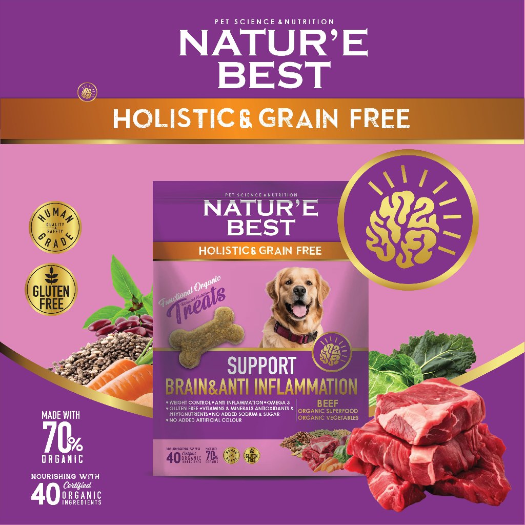 ขนมสุนัขออร์แกนิค สูตรบำรุงสมอง ช่วยลดอาการอักเสบ  รสเนื้อ 40 g. Naturebest Support Brain & Anti Inflammation