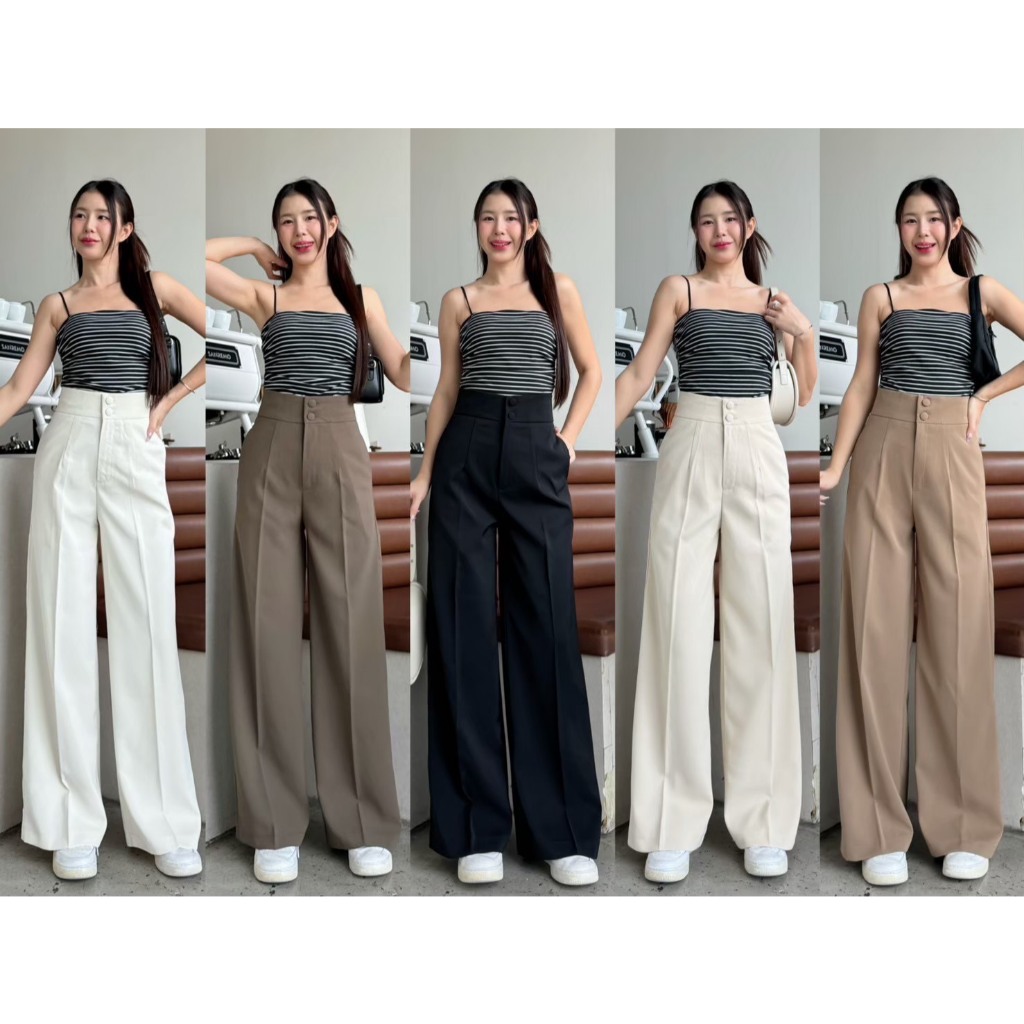 B001 Beer&Oil กางเกงขายาวเอวสูงงานดุมปั๊ม2เม็ดลิลลี่ ผ้าลิลลี่งานซิปหน้า มีกระเป๋า