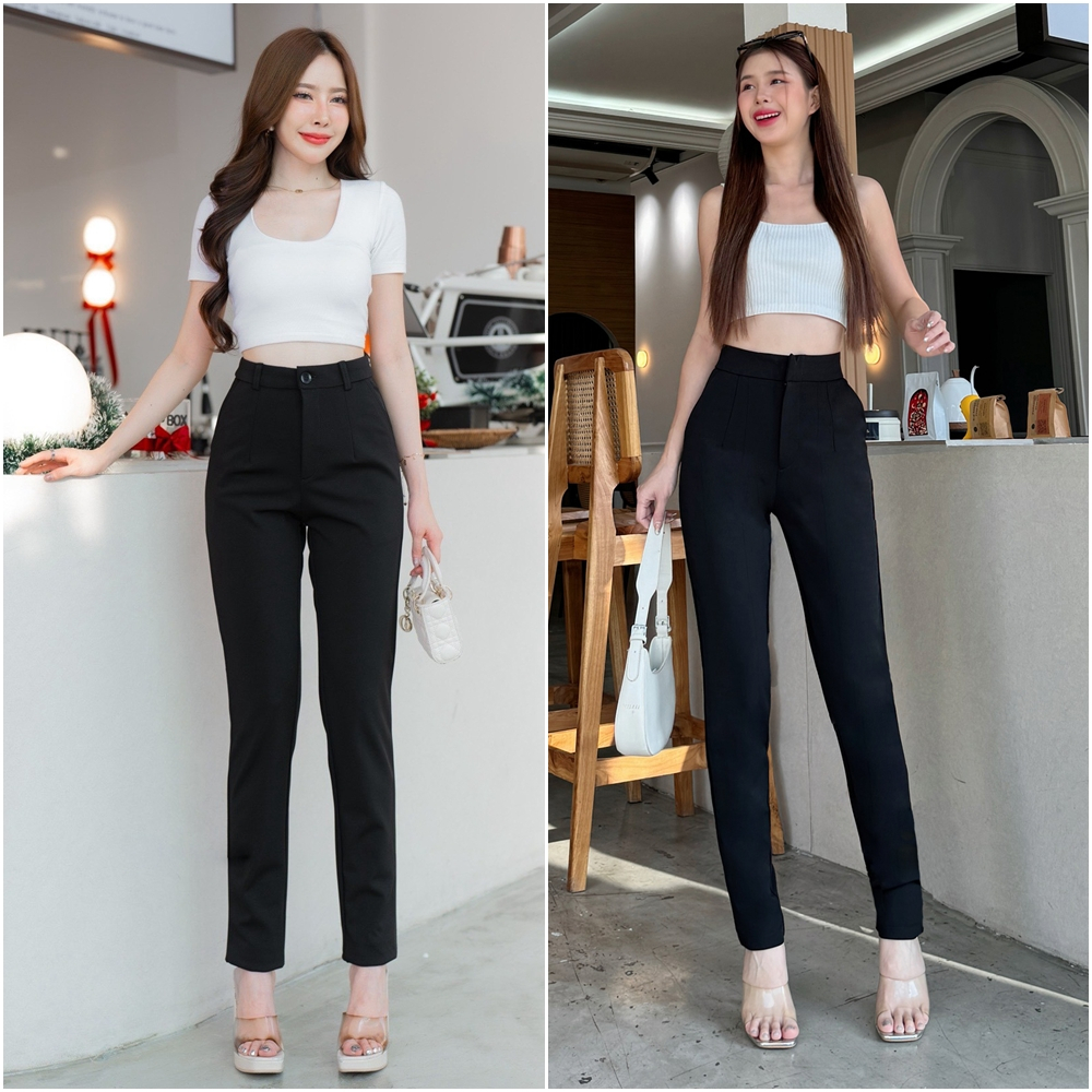 G022 | กางเกงใส่ทำงาน ขายาวกระบอกเล็ก ตะขอหน้า  ผ้าโรเชฟเนื้อหนานุ่ม ยืดหยุ่นใส่สบาย ทรงสุภาพ ยาว 41-42นิ้ว – โปรปัง