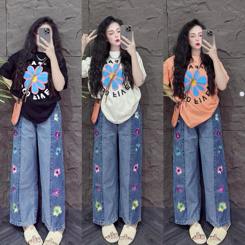 Set 2 ชิ้น ดอกไม้3สี (กางเกงยีนส์เทียม)