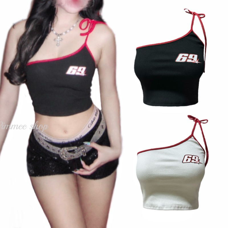 สายเดี่ยวแบบผูก เปิดไหล่หนึ่งข้าง พิมพ์ลาย69เท่ๆ#แฟชั่นฤดูร้อน🍂