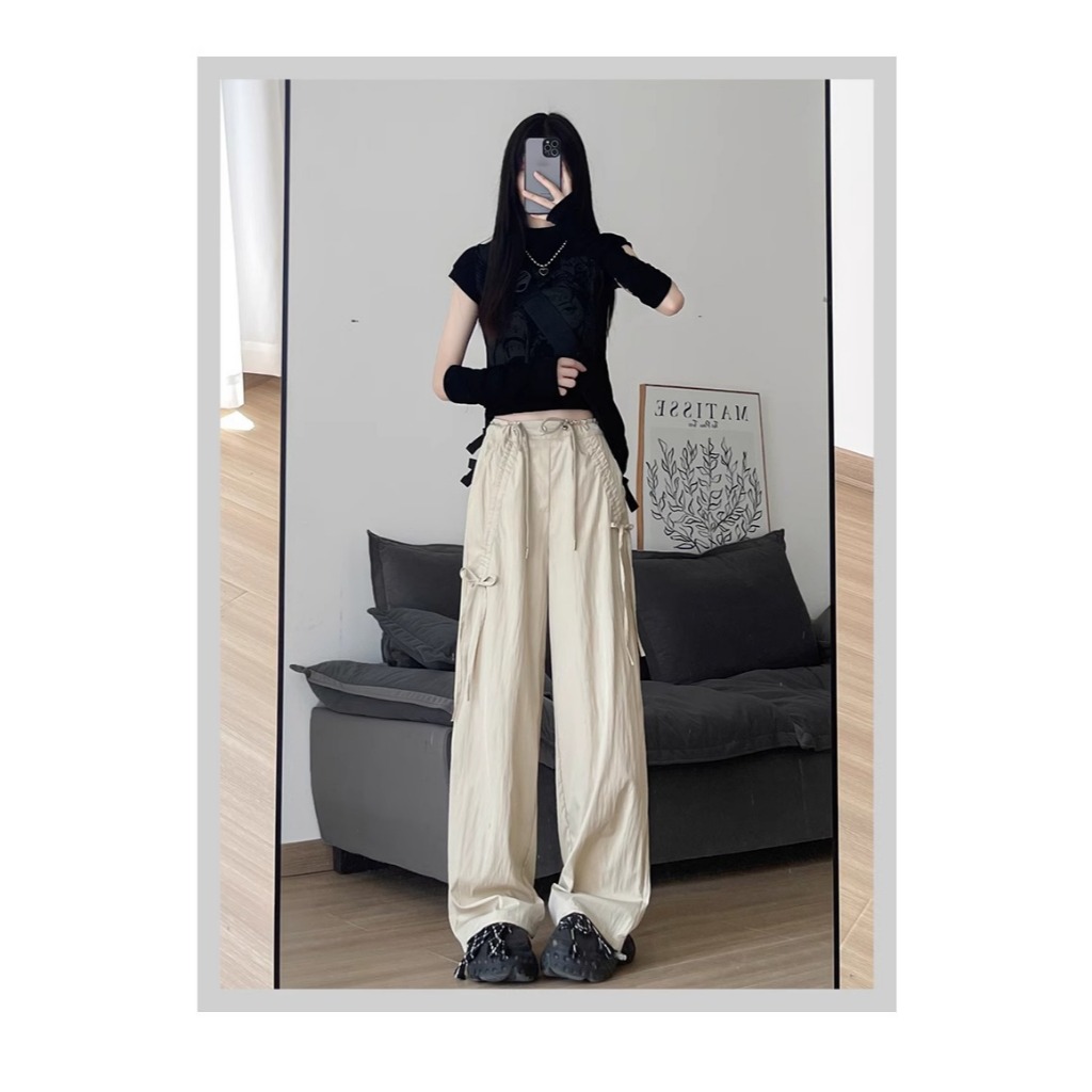 กางเกงคาร์โก้สไตล์อเมริกัน กางเกงลำลองผู้หญิง กางเกงเอวสูง ผูกโบว์ ทรงหลวม - รูปที่ 4