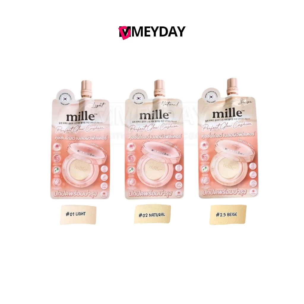 (แบบซอง) Mille Perfect Glow Skin Cushion Spf50+ Pa+++ มิลเล่ เพอร์เฟ็กต์ สกิน คัฟเวอร์ เบลอริ่ง คุชชั่น 6g