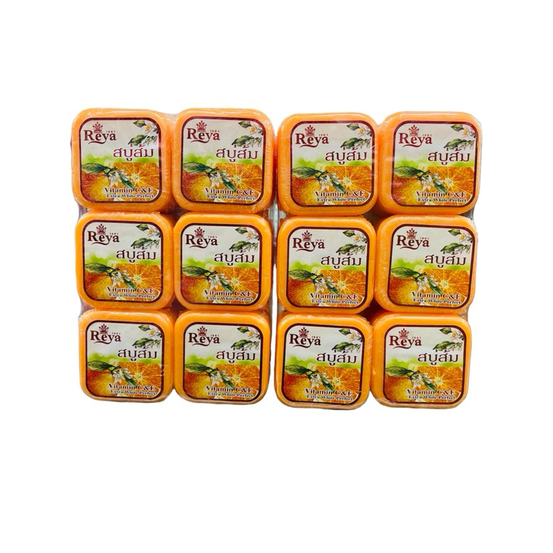 Reya สบู่เรยา สูตร ส้มวิทอาร์บูติน ผลิตภัณฑ์ทำความสะอาดผิวหน้าและผิวกาย(1แพ็คมี12ก้อน)น้ำหนักปริมาณก้อนละ 65กรัม ราคา ถูกที่สุด ดีลบีเคเค