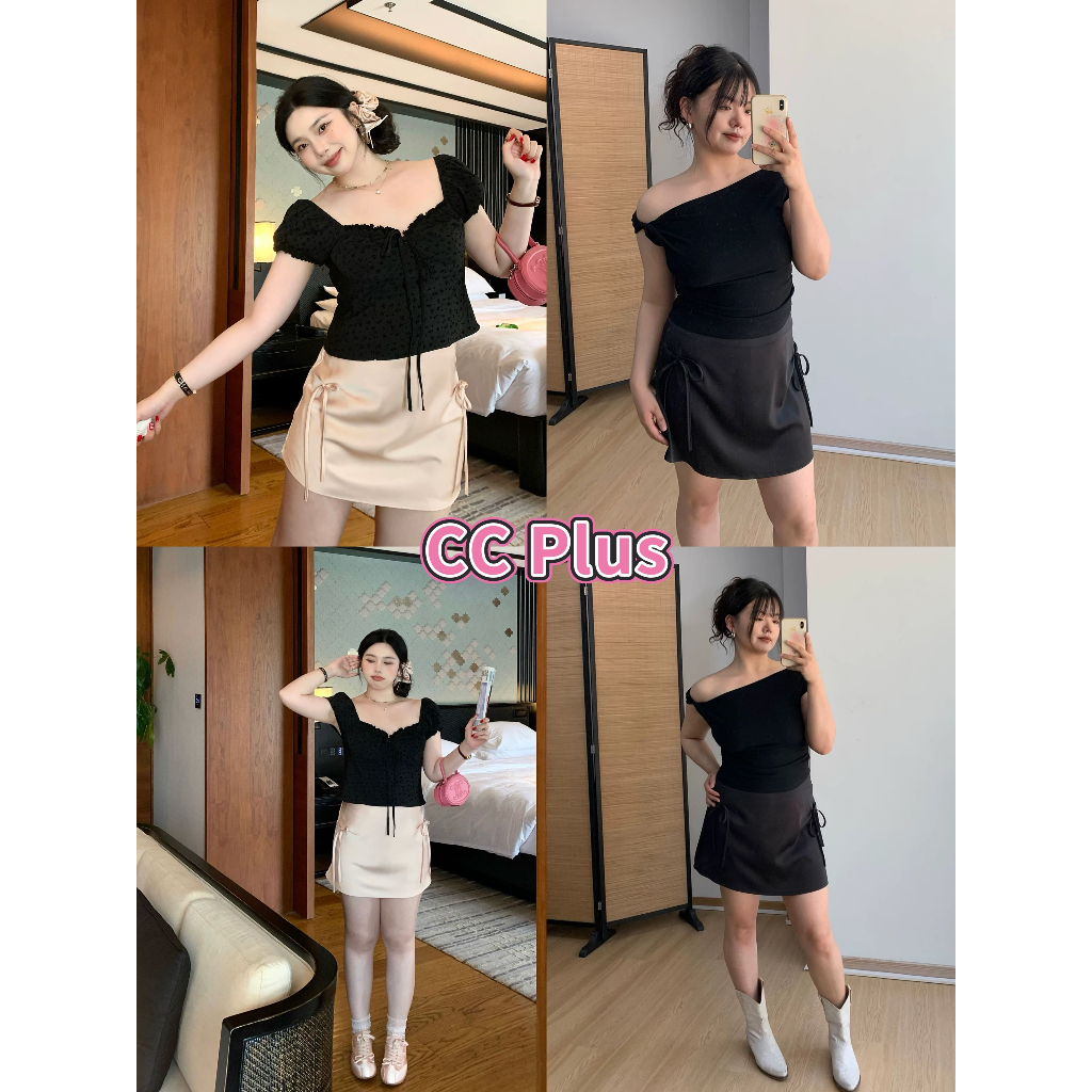 CiCi Plus+ (2502) กระโปรงสั้นผ้ายืด ดีเทลผูกโบว์น่ารักๆ มีซับใน สไตล์สาวพลัสไซส์