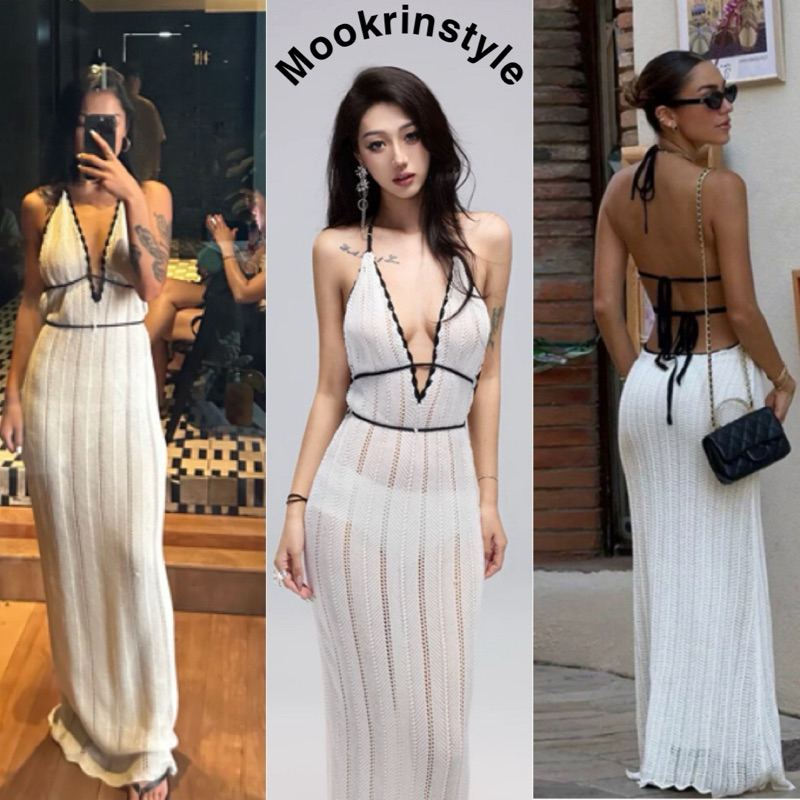 Mookrinstyle เดรสผูกคอผูกหลัง ขาวดำ โชว์หลังเซ็กซี่มาก ใส่ไปทะเลสับๆ maxidress beach summer – โปรปัง
