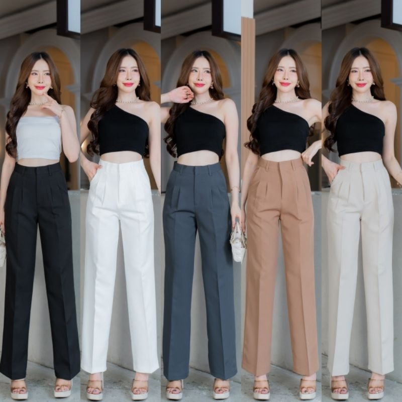 [P4] กางเกงขากระบอกกลางเอวสูง   ผ้าไมโครพีเมียมยาว 40 นิ้วรุ่นวินเทจ S - 3XL