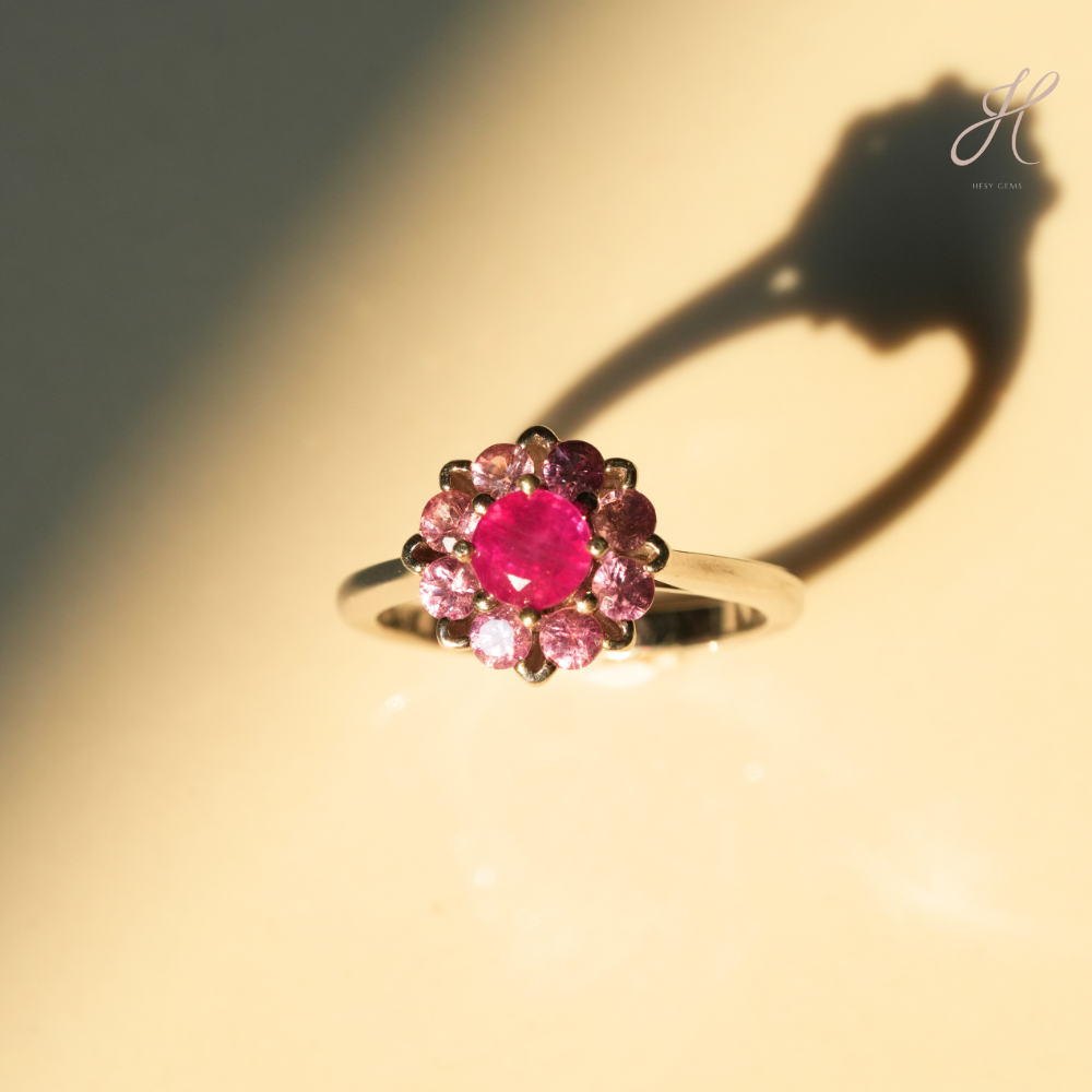 แหวนทับทิมล้อมพิงค์แซฟไฟร์ (Sterling Silver Ruby Halo Ring with Pink Sapphire Accents)