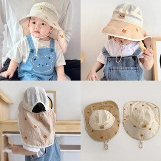 [ มาใหม่ ] หมวกกันแดดเด็กปักลายหมี  ป้องกันคอ ตาข่ายระบายอาก…