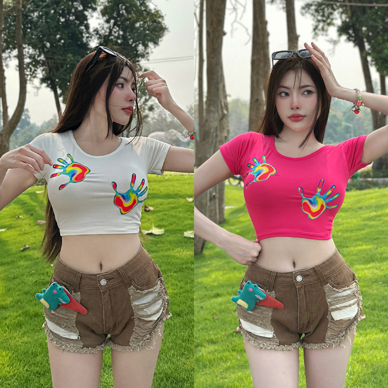 🌈SpinnyHouse🌈เสื้อครอปคอกลมแขนสั้้น ผ้าเรย่อน ใส่เล่นน้ำ 💦 เซ็กซี่สุดๆ  เสื้อเล่นน้ำสงกรานต์ รุ่น ครอปเรียปมือสี