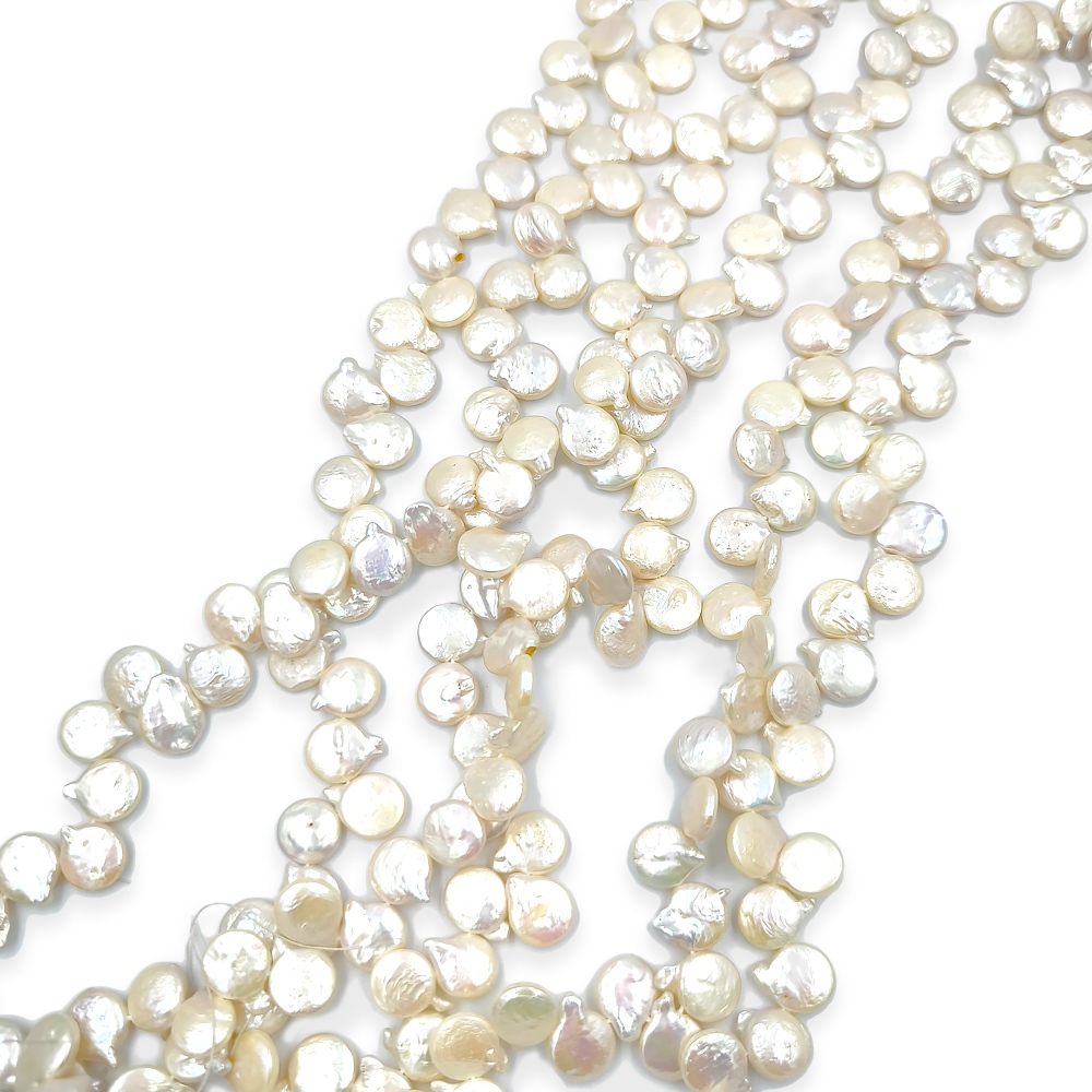 ลูกปัดมุกแท้ ลักษณะiรูปทรงกลมแบนเจาะรูบนสีขาว Flat Round Top Drilled White Pearl ขนาด 10 mm - (LZ-0701)