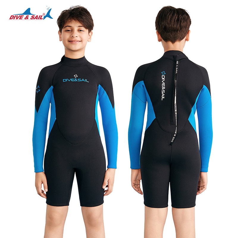 (แถมหมวก) ชุดว่ายน้ำเด็กชาย ของเด็กโต เก็บอุณหภูมิ 2.5MM เด็กโต  B.Pดำฟ้าแขนยาวขาสั้น