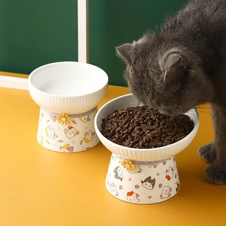 Pet Cat Bowl ชามเซรามิคปากชามน้ำดื่มป้องกันคอคว่ำชามเท้าสูงอุปกรณ์แมว