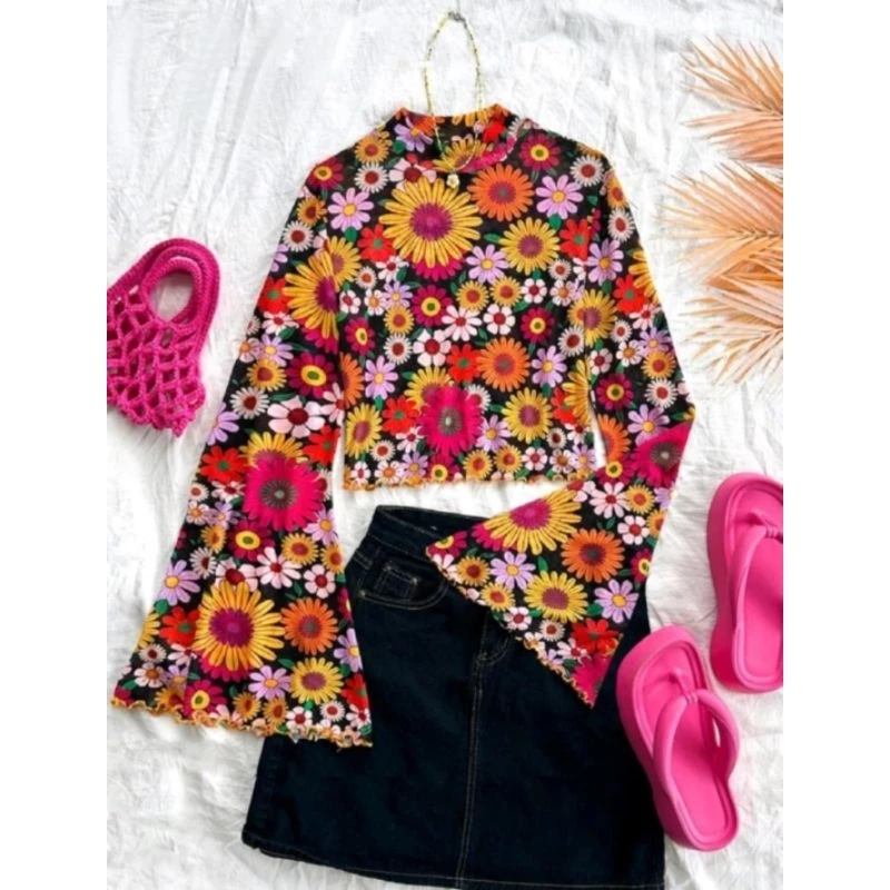 🌸🦋พร้อมส่ง🦋🌸 เสื้อลายดอกแขนกระดิ่ง ผ้าตาข่าย เสื้อสงกรานต์ เสื้อครอปสั้นแขนกระดิ่งยาว