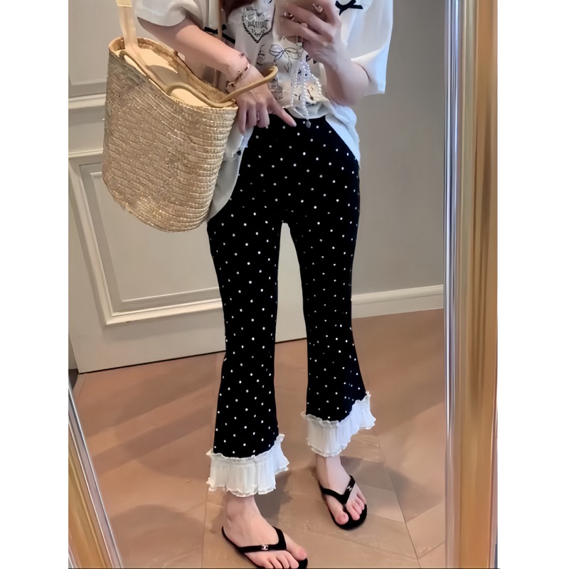 B929 กางเกงขายาวลายจุด ปลายขาแต่งชายน่ารัก ((ผ้ายืดเรยอนผสมโพลีเอสเตอร์))