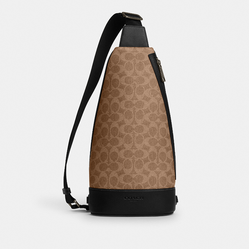 Coach CY801 Dominic Sling Pack In Signature Canvas (QBNRX) กระเป๋าคาดอกผู้ชาย สี Qb/Tan/Black