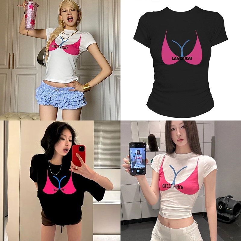 YOYO เสื้อยืดแฟชั่นผู้หญิง👙เสื้อรัดรูป crop top คอกลมแขนสั้น เสื้อสีชมพู พิมพ์ลายบรา Y2Kทรงเข้ารูป สไตล์เกาหลี