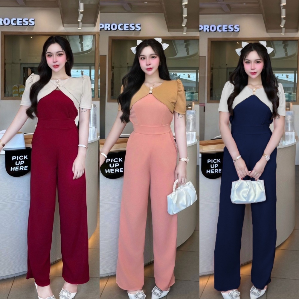 ชุดเซตยาวผ้าวูลเวฟทรูโทน เสื้อแขนสั้นแต่งกระดุมมุกหน้า+กางเกงเอวเรียบสม็อคหลังมีกระเป๋า A5339