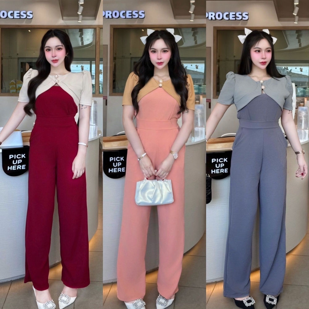 พร้อมส่ง ชุดเซตยาวผ้าวูลเวฟทรูโทน เสื้อแขนสั้นแต่งกระดุมมุกหน้า+กางเกงเอวเรียบสม็อคหลังมีกระเป๋า A5339